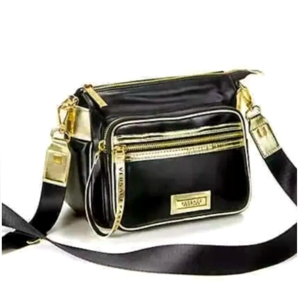 Versace Parfumes Black Gold Detachable Crossbody Zip Bag